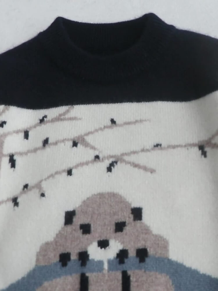 Kids Cozy Animal Otter and Tree Knit Cashmere Crewneck Pullover